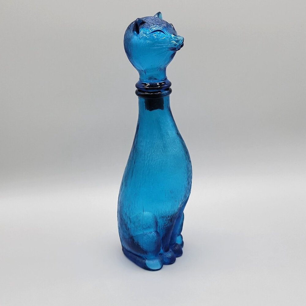 Vintage Italian Empoli Blue Glass Cat Decanter Bottle Figural 9 Inch Tall 1960s - Picture 2 of 13